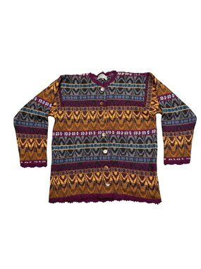 Vintage Peruvian Link 100% Alpaca Wool Cardigan Sweater M Multicolor Fair Isle G